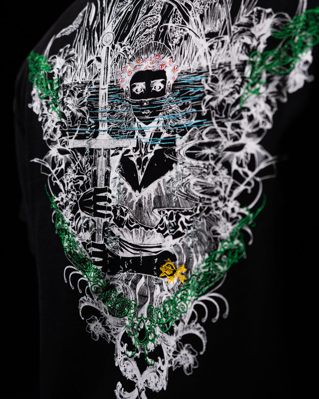 Artistic depiction of a figure with intricate patterns and colors on a black background