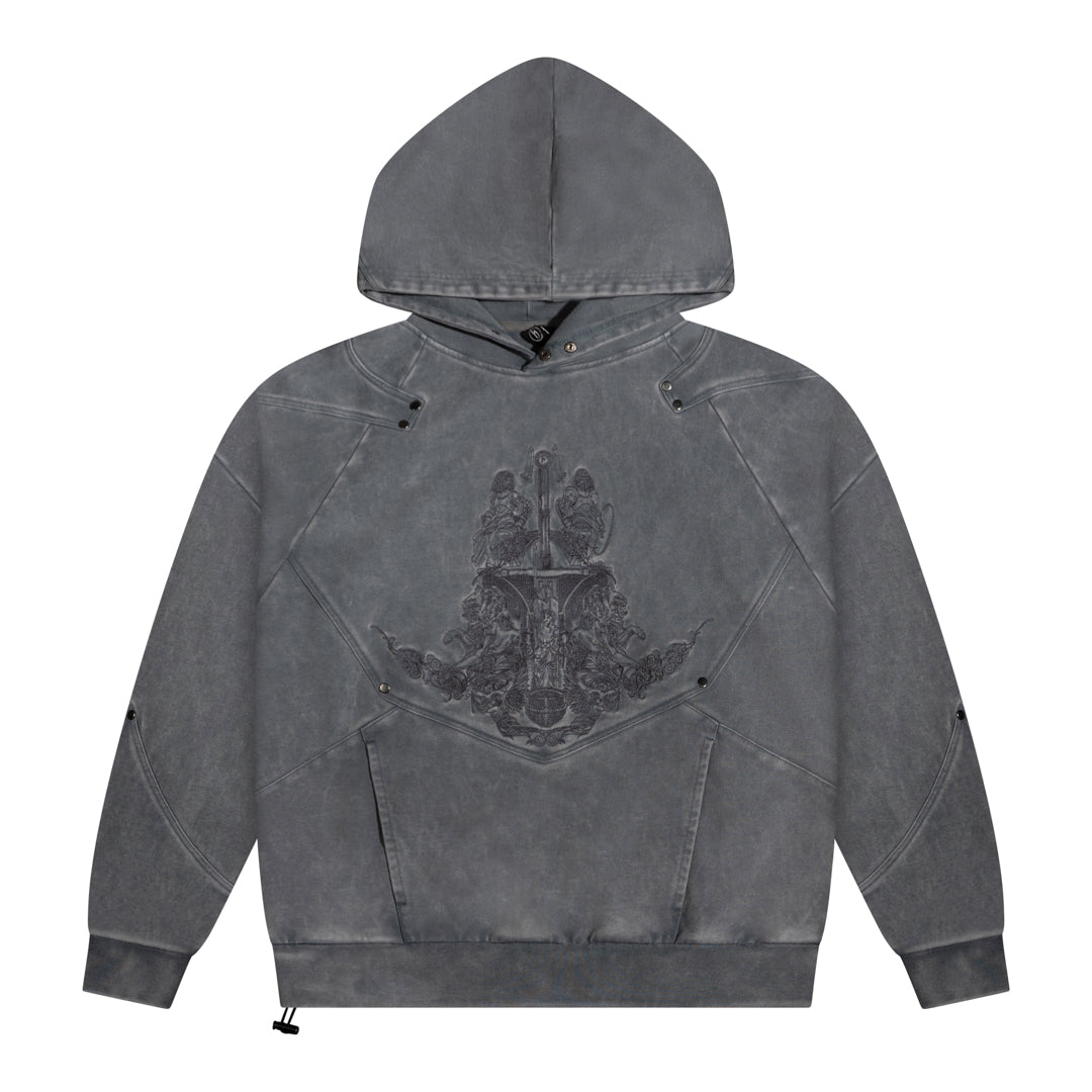 Gray hoodie with a embroidered design on a white background