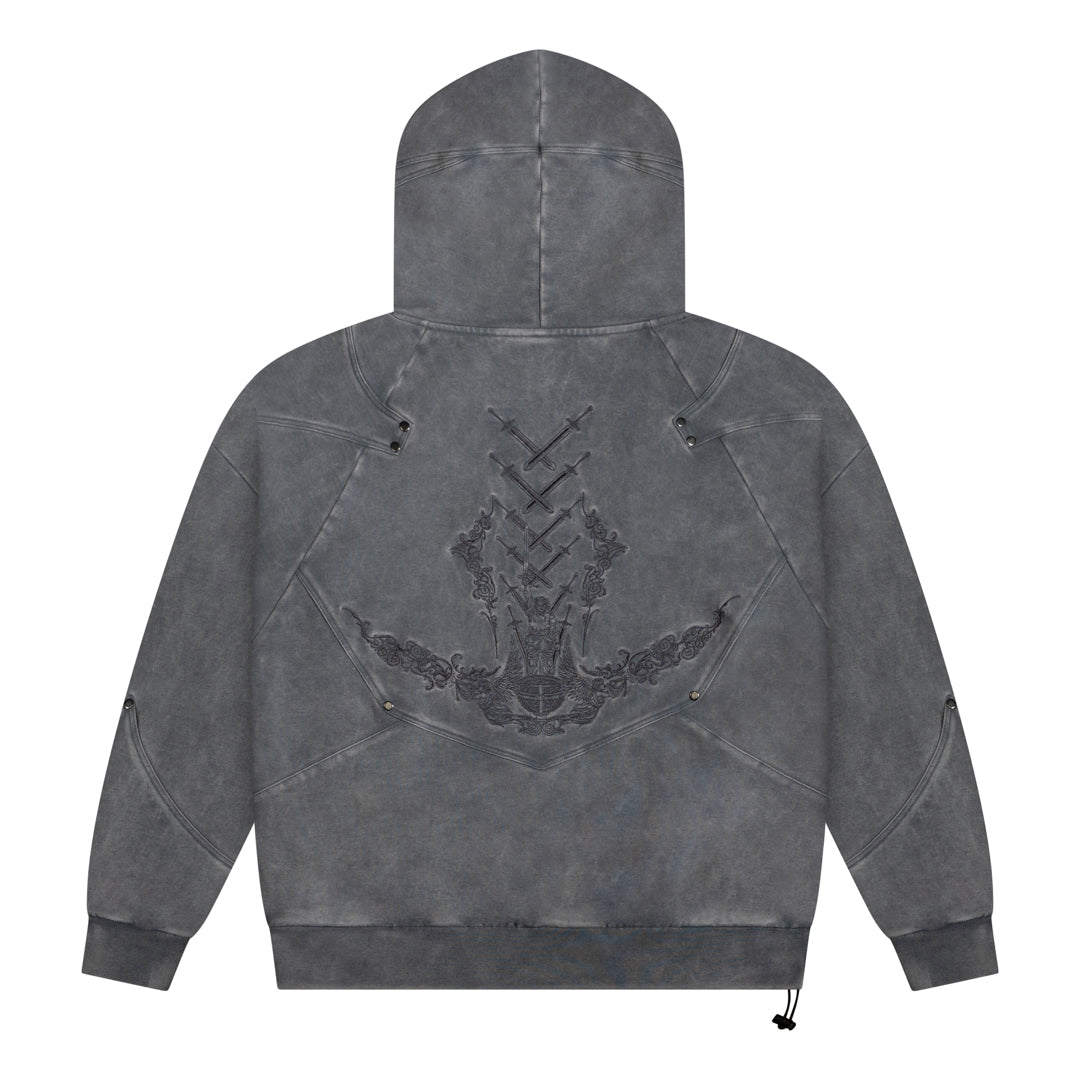 Gray hoodie with a embroidered design on the back against a white background