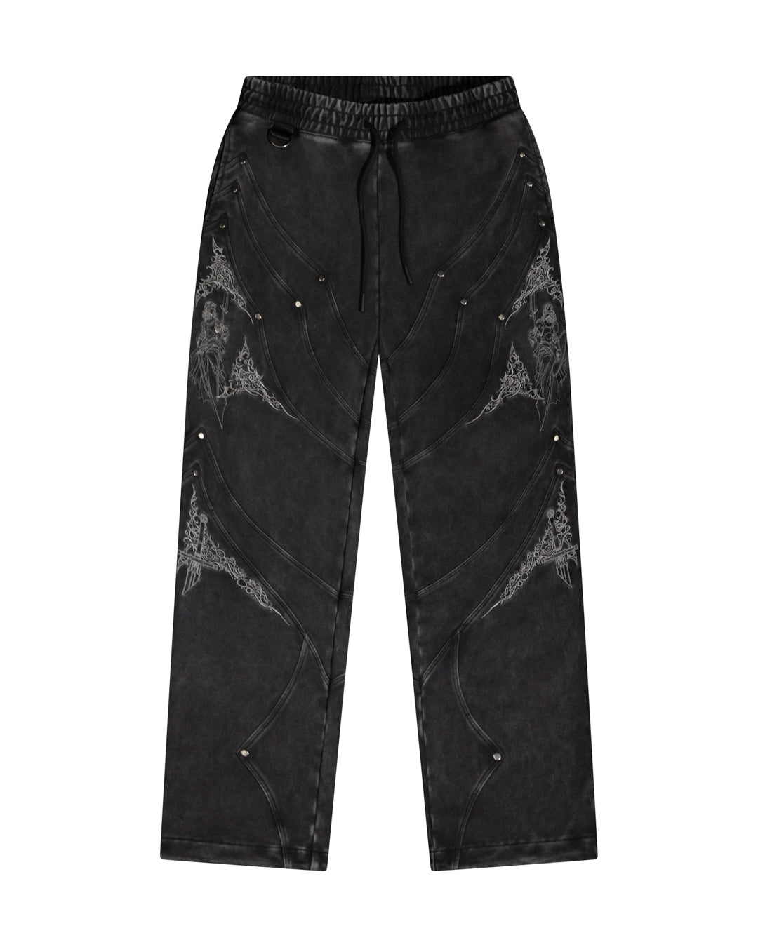 Black sweatpants with embroidered elements, metal rivets and drawstring cord on a white background.