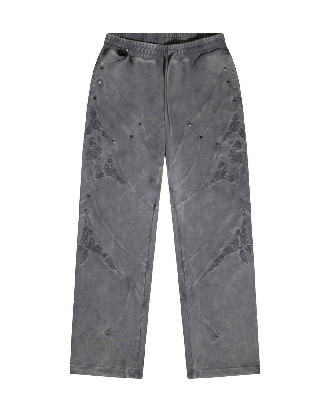 Gray pants with a embroidery pattern on a white background