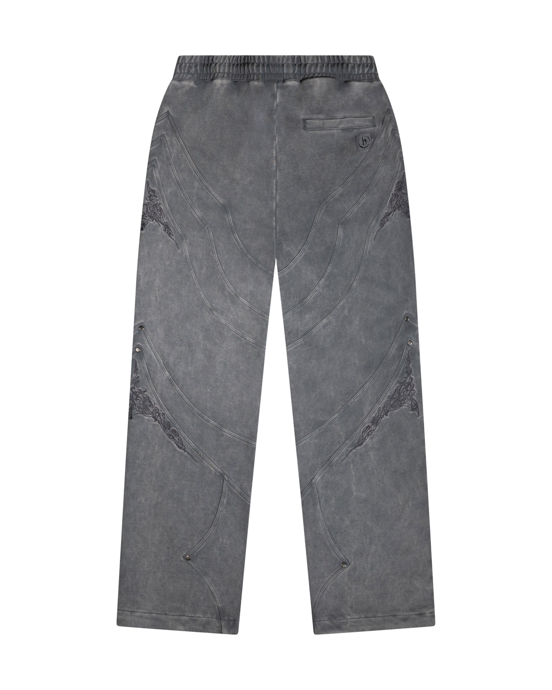 Gray pants with embroidery design on a white background
