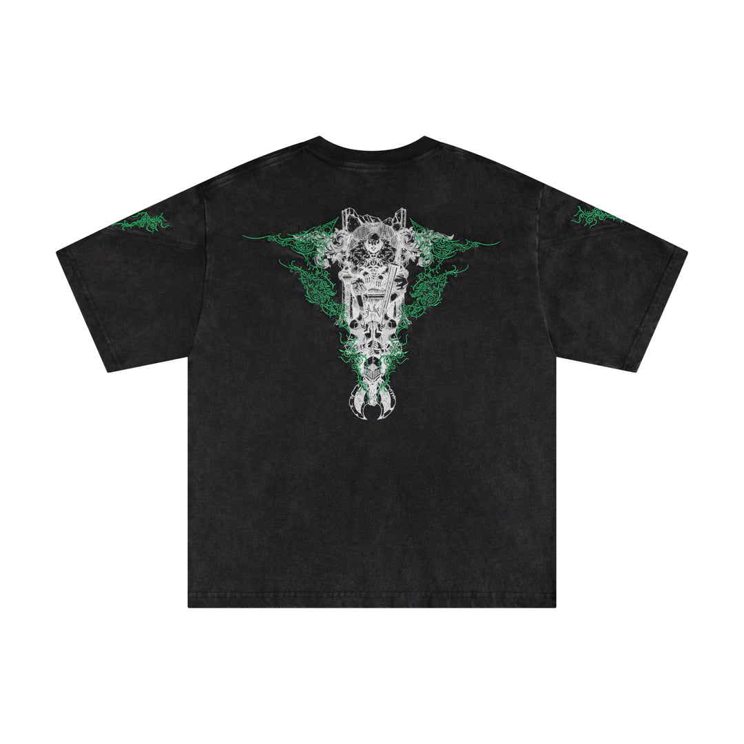 Black t-shirt with a unique design on the back against a white background