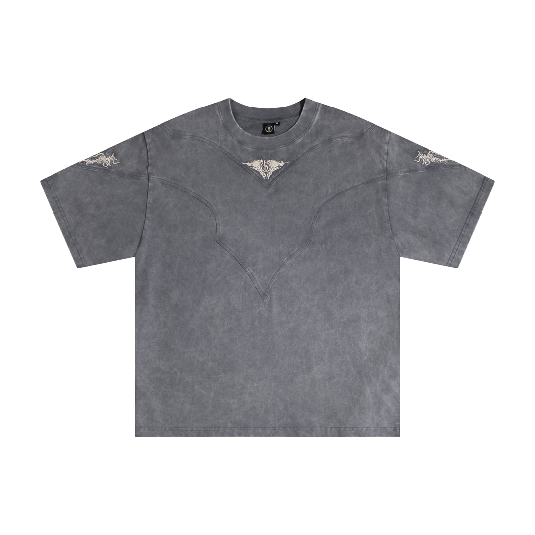 Gray t-shirt with decorative elements on a white background