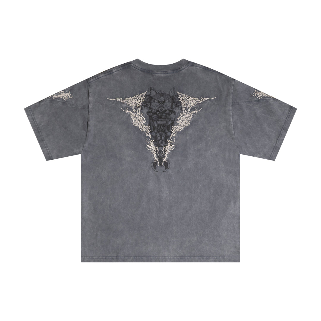Gray t-shirt with design on the back against a white background