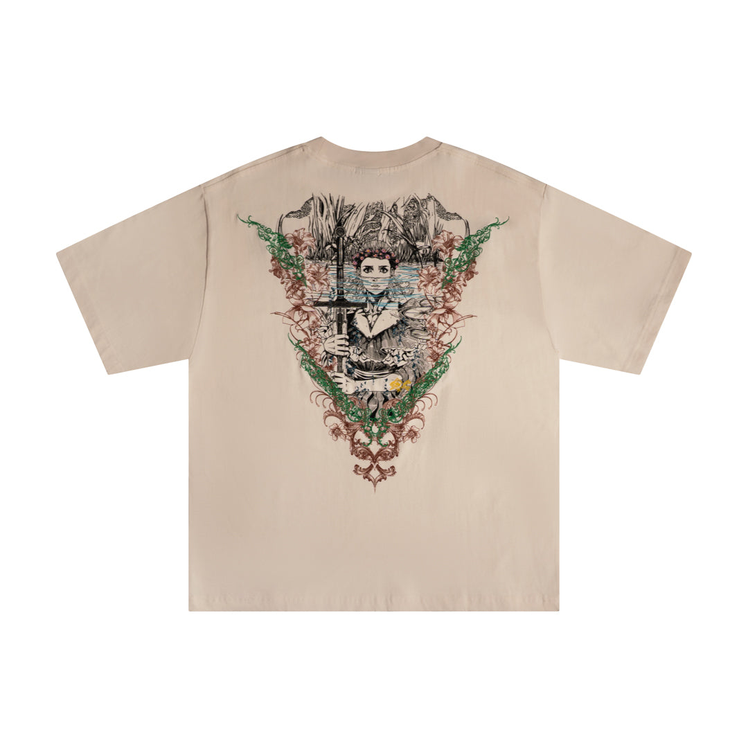 Beige t-shirt with a graphic design on the back featuring a person and nature elements.