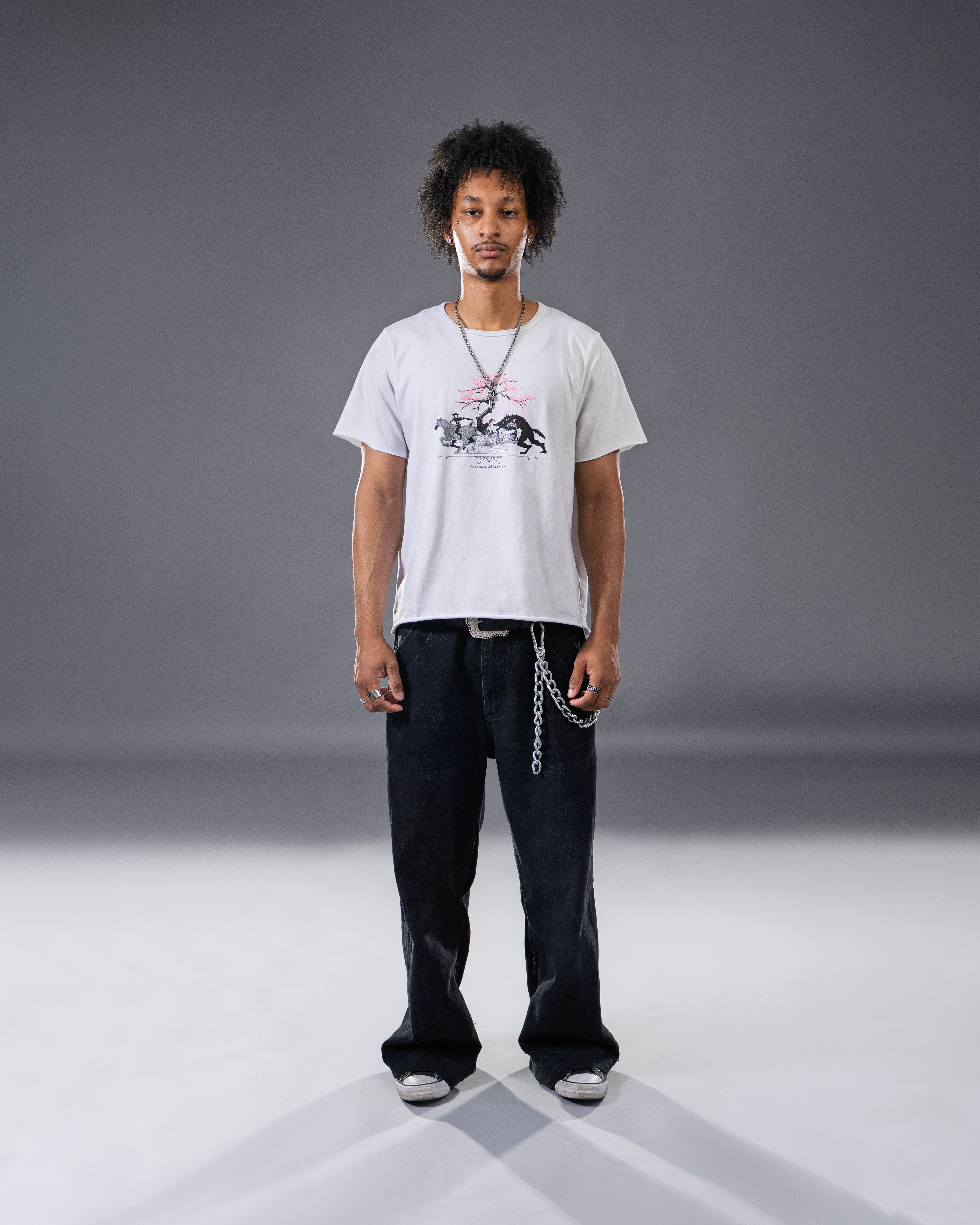 Vintage washed off-white mid length tee with original huntsmen fantasy inspired illustration with cherry blossom tree.