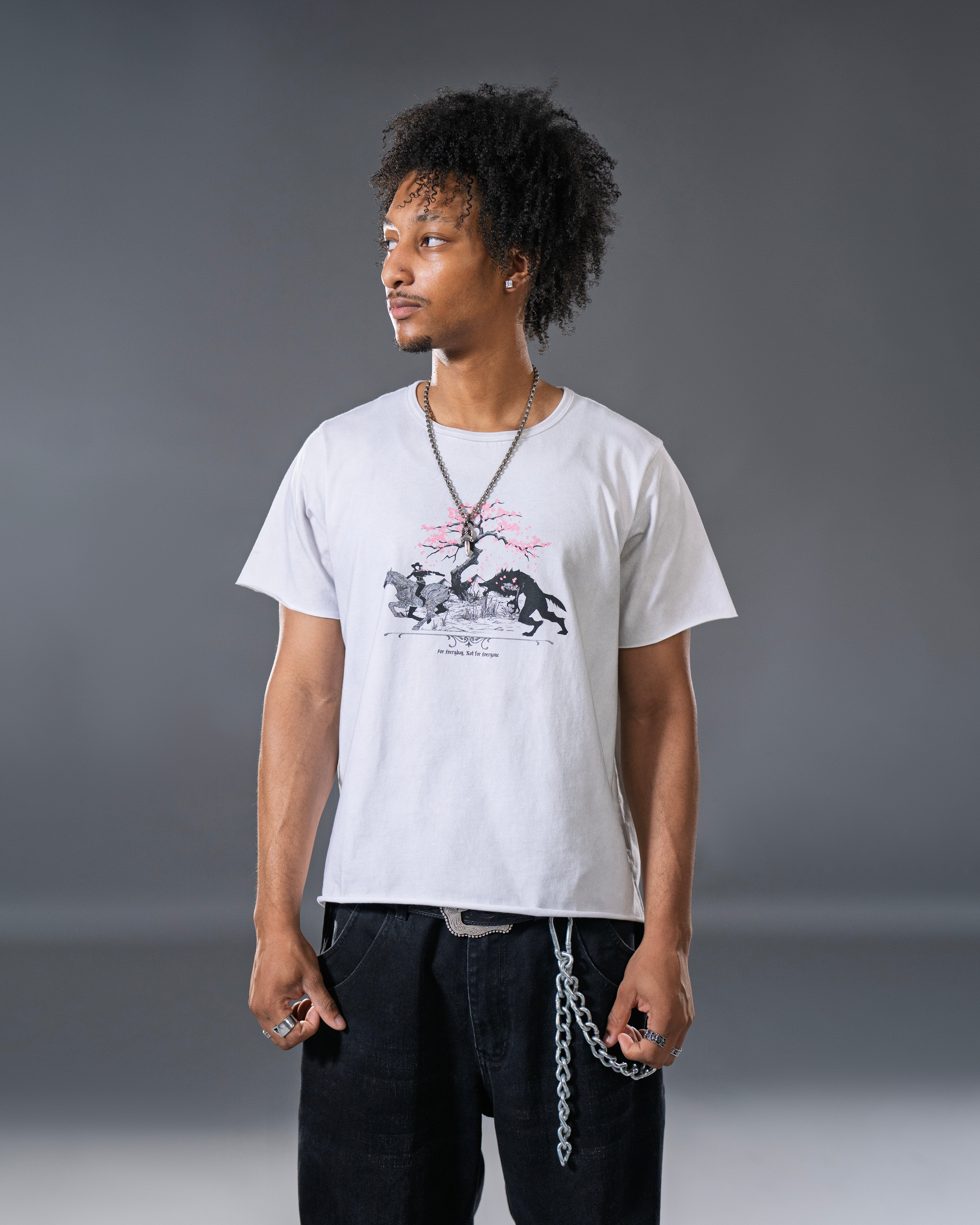 Vintage washed off-white mid length tee with original huntsmen fantasy inspired illustration with cherry blossom tree.