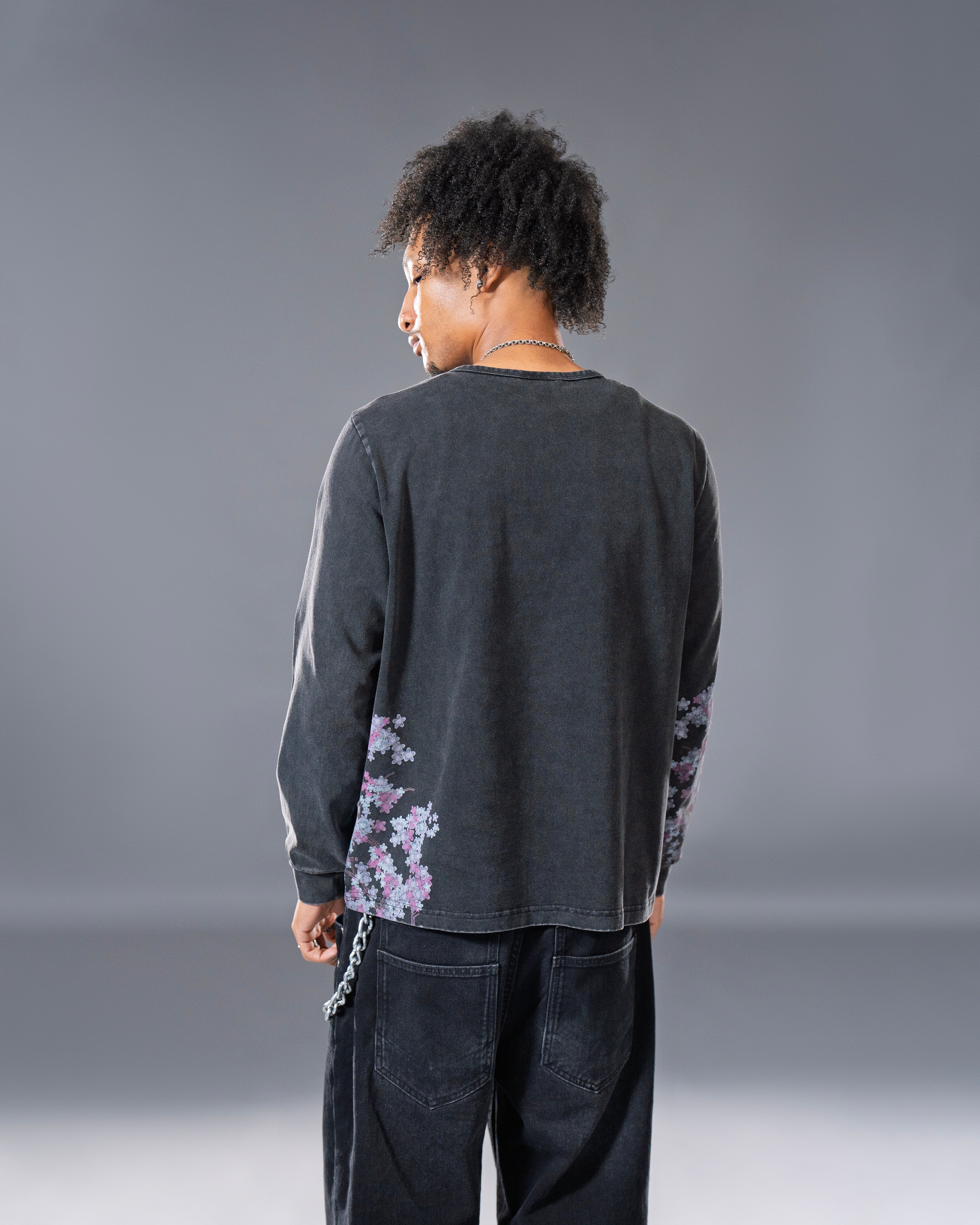 Black Henley long sleeve cotton tee with printed cherry blossom flower.