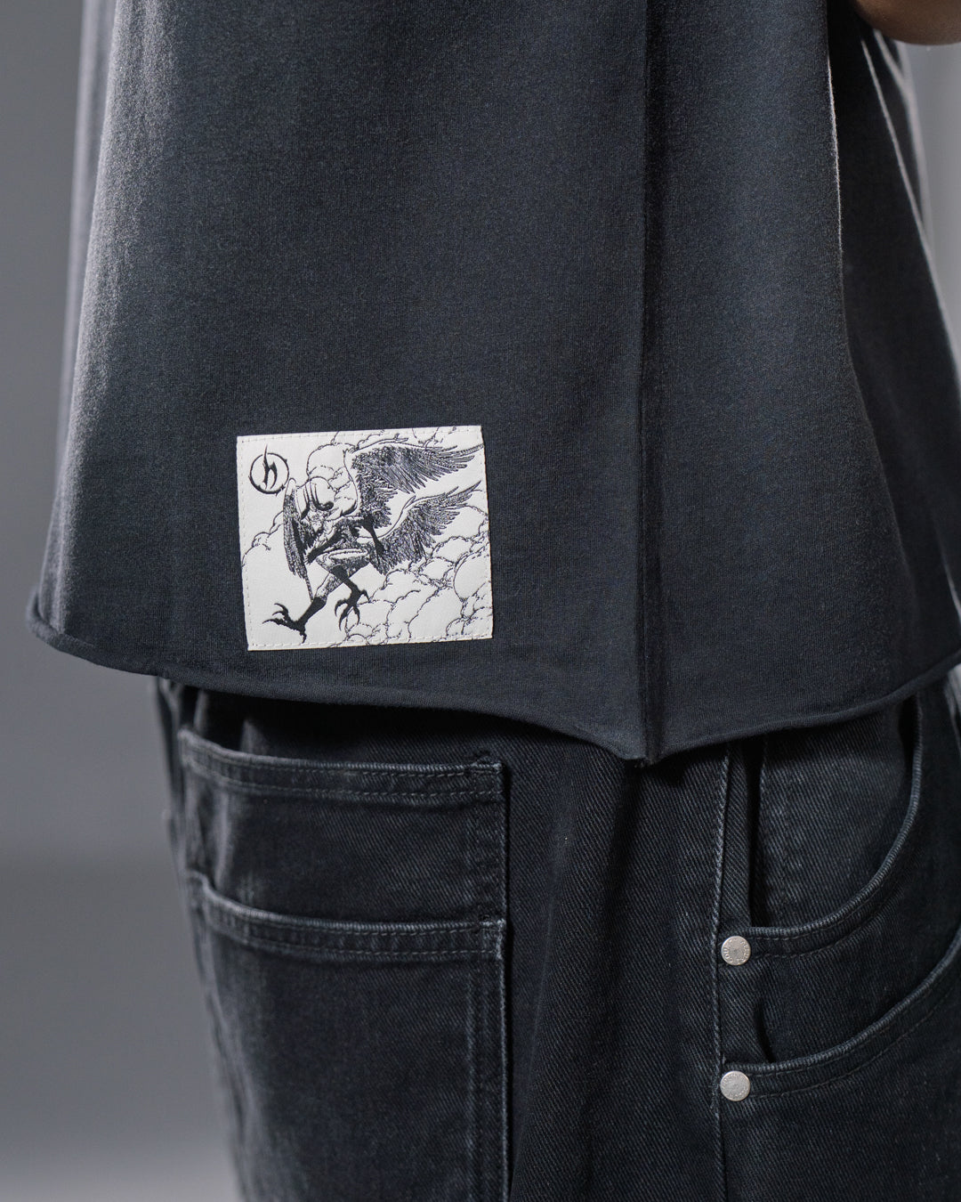 black vintage washed harpy tee with embroidered stitching