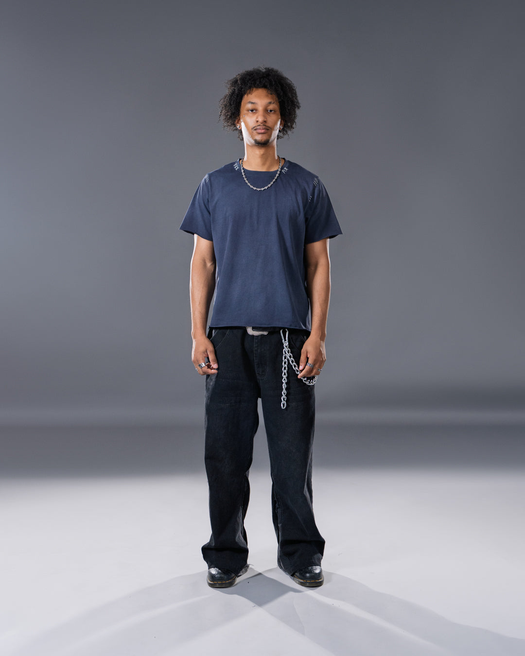 Navy relaxed harpy tee with embroidered stitch details