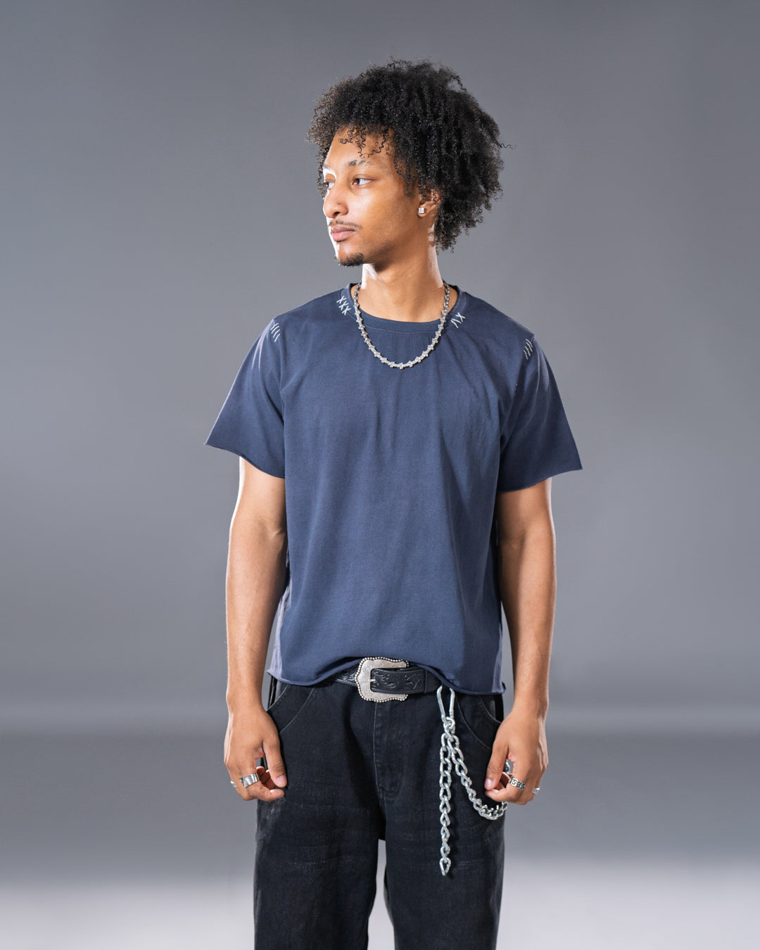 Navy relaxed harpy tee with embroidered stitch details