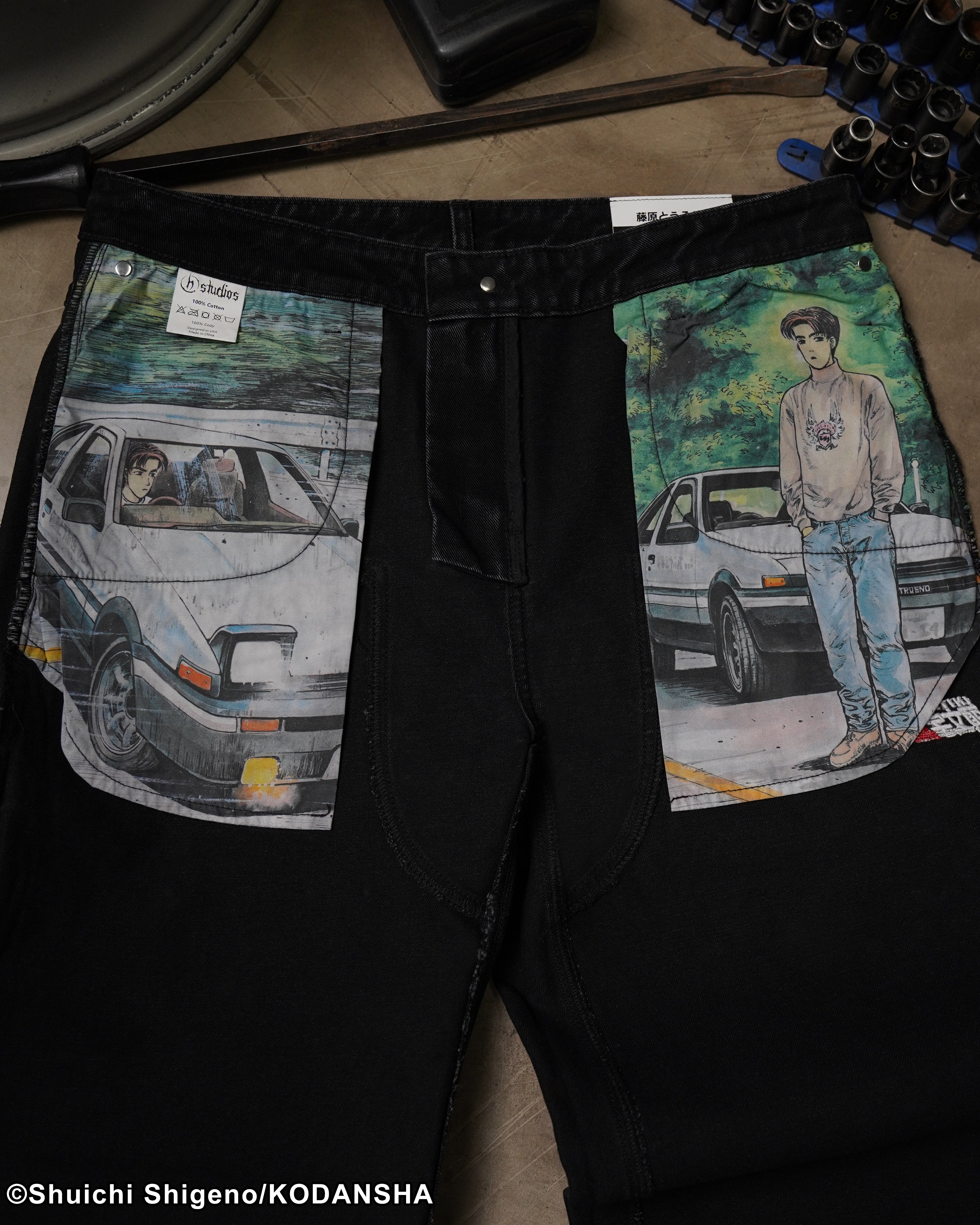 Initial D mule ear black denim jeans