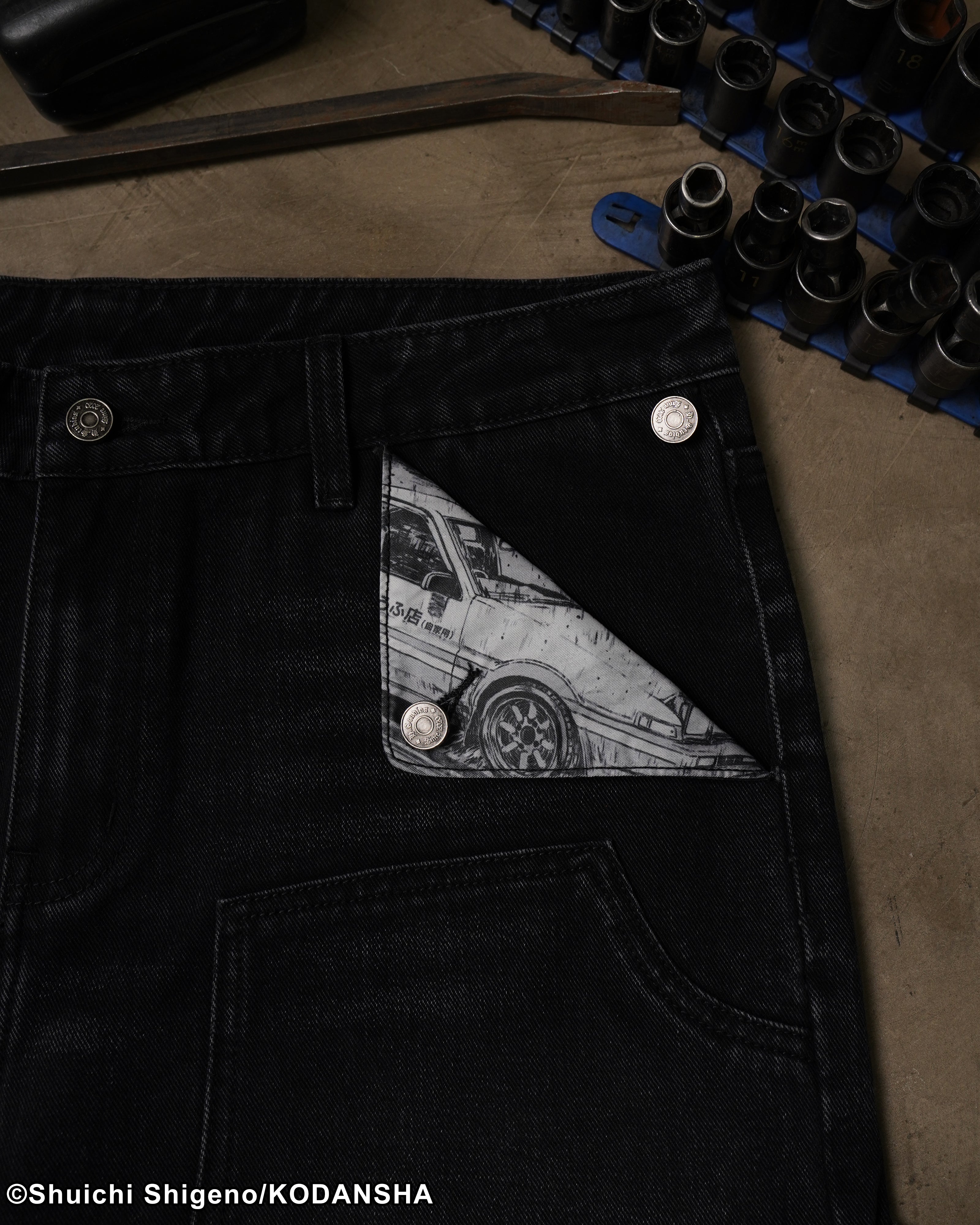 Initial D mule ear black denim jeans