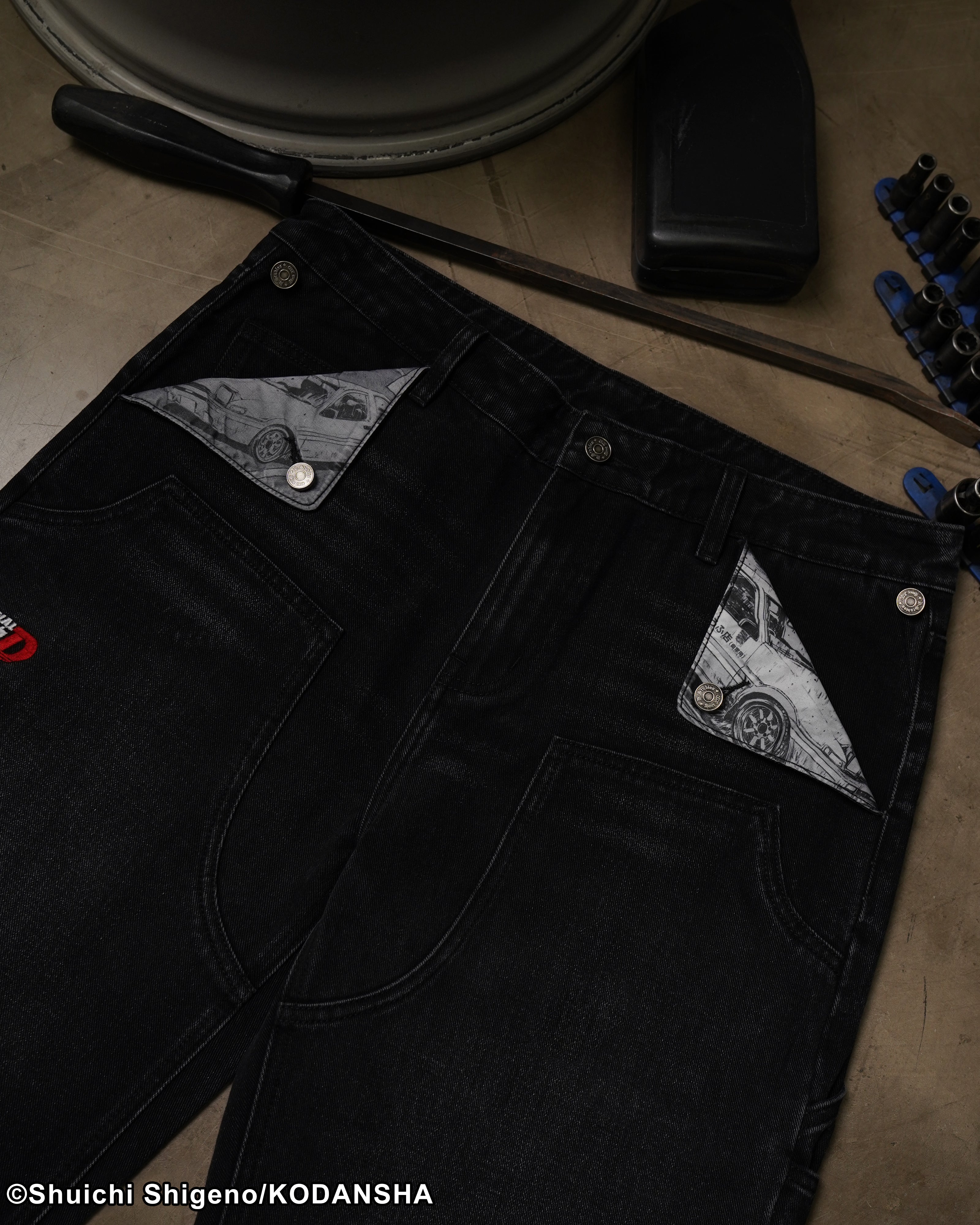 Initial D mule ear black denim jeans
