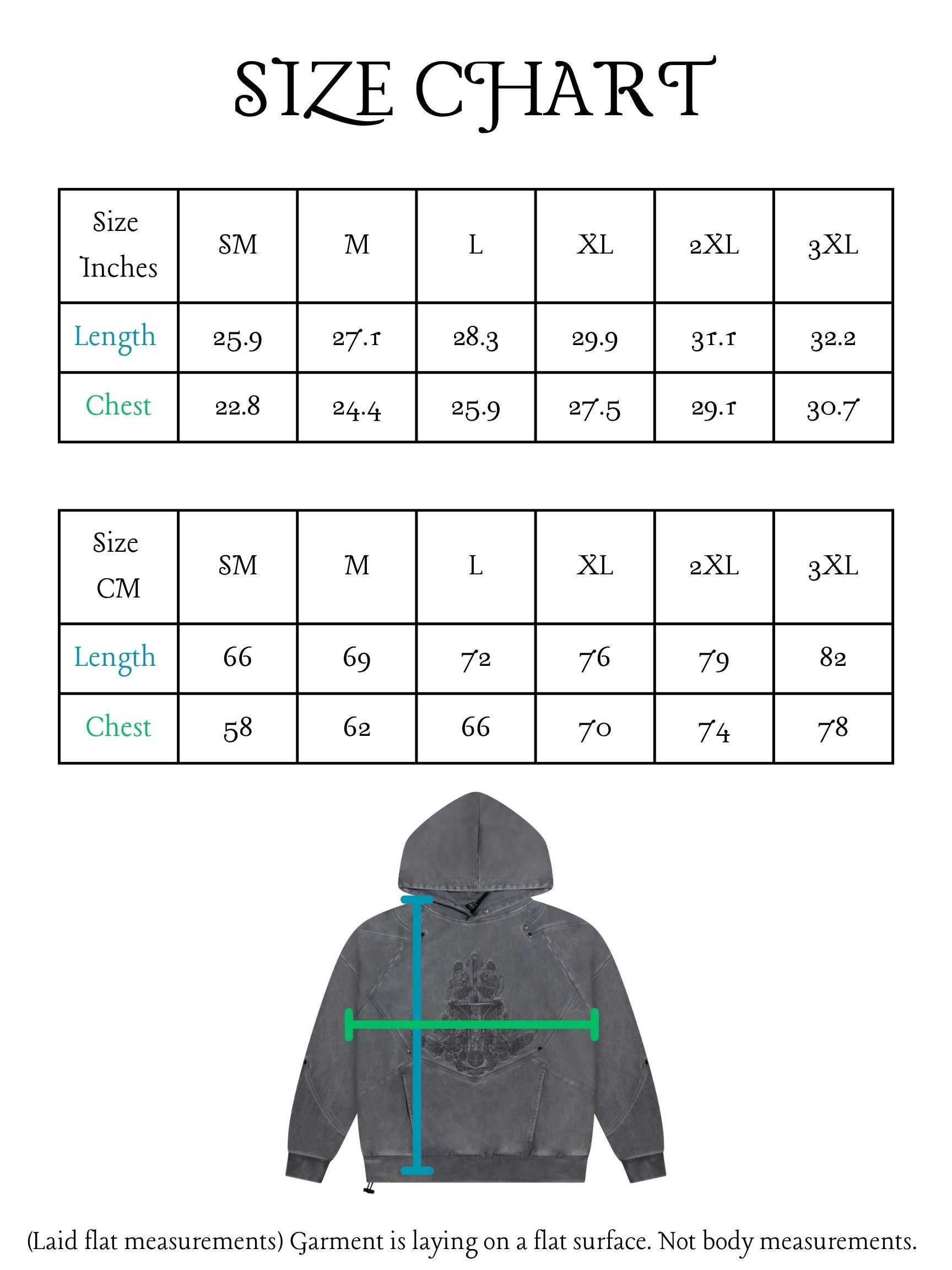 Size chart for a hoodie with measurements in both inches and centimeters.