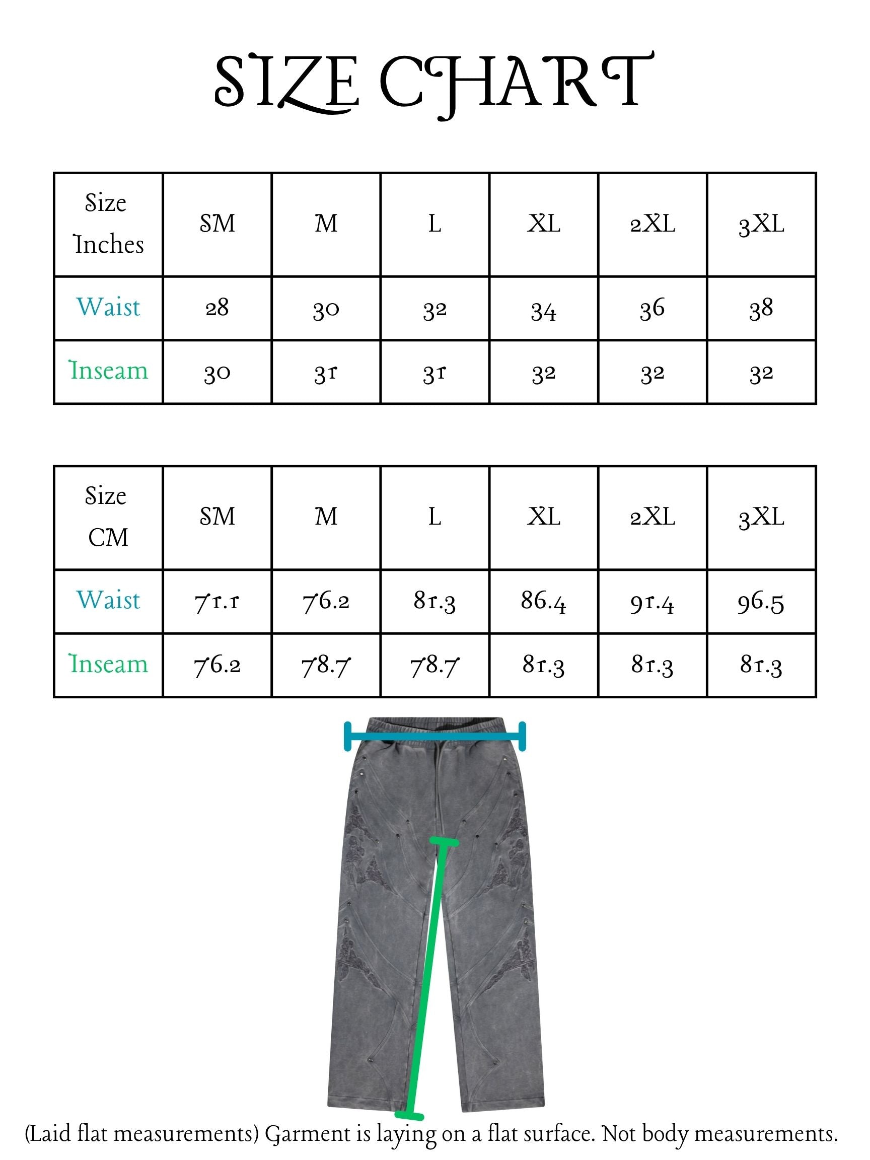 Size chart for pants with measurements in inches and centimeters, showing a pair of gray pants.