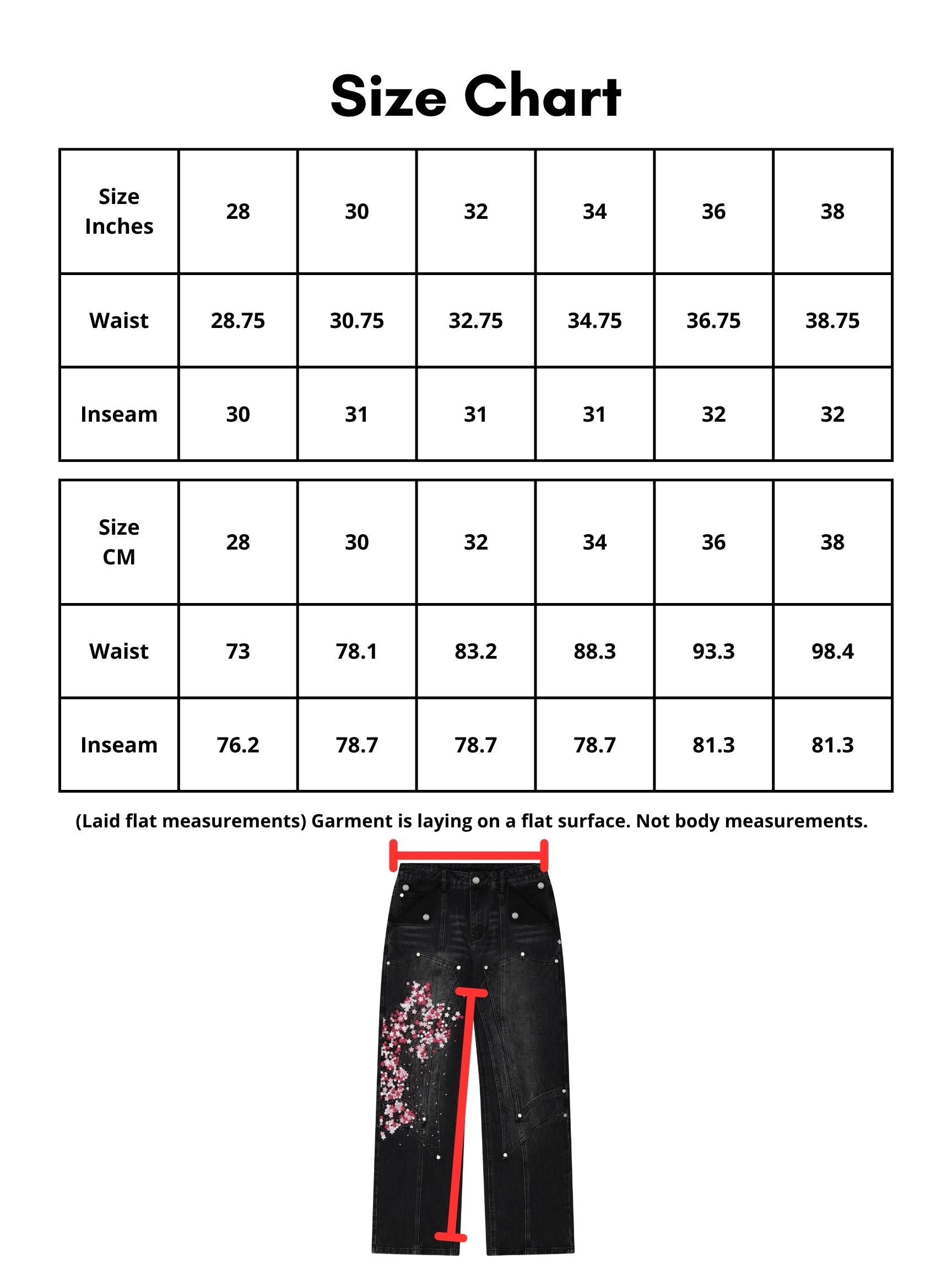 Black denim jeans with cherry blossom floral embroidery and armored inspired paneling. Size Chart