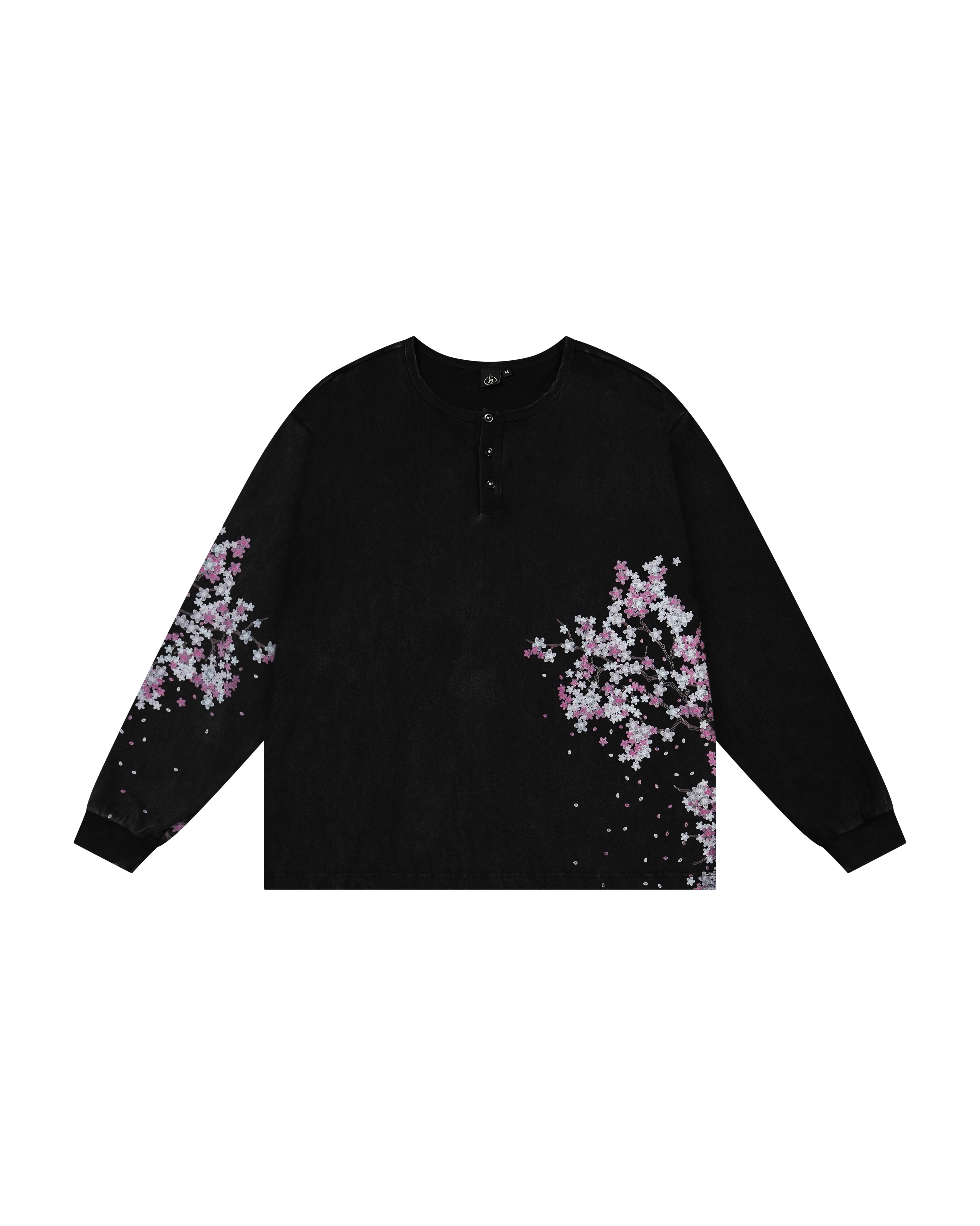 Black Henley long sleeve cotton tee with printed cherry blossom flower.