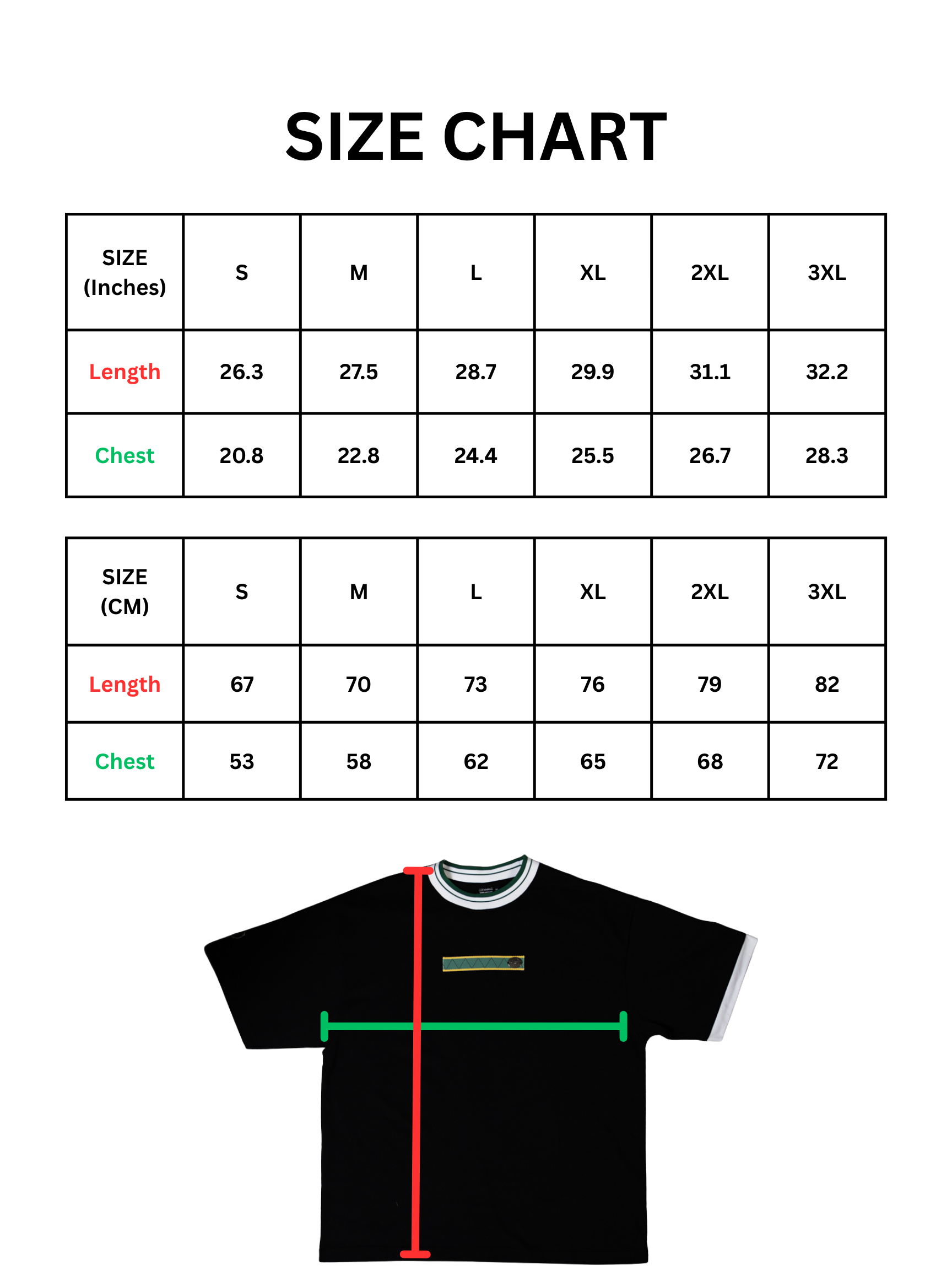 Size chart for shirts with measurements in inches and centimeters.