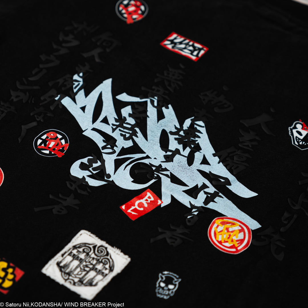 Black t-shirt with white and red graphic designs on a black background