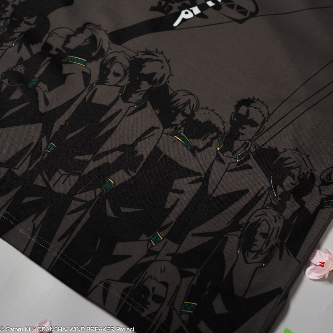 Black and white illustration of characters on a dark background.