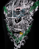 Artistic depiction of a figure with intricate patterns and colors on a black background