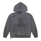 Gray hoodie with a embroidered design on a white background