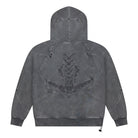 Gray hoodie with a embroidered design on the back against a white background