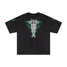 Black t-shirt with a unique design on the back against a white background