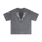 Gray t-shirt with design on the back against a white background