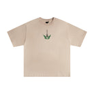 Beige t-shirt with a graphic design on a white background
