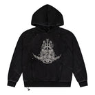 Black hoodie with a decorative emblem on the chest against a white background