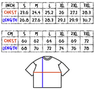 Measurement chart for shirts with chest and length measurements in both inches and centimeters.