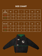 Size chart for a jacket with measurements in inches and centimeters on a brown background.