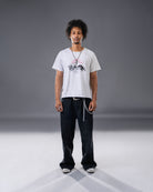 Vintage washed off-white mid length tee with original huntsmen fantasy inspired illustration with cherry blossom tree. 