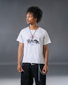 Vintage washed off-white mid length tee with original huntsmen fantasy inspired illustration with cherry blossom tree. 