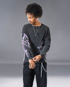Black Henley long sleeve cotton tee with printed cherry blossom flower. 