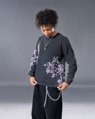 Black Henley long sleeve cotton tee with printed cherry blossom flower. 