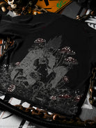 Black t-shirt with white graphic design surrounded by mushroom details. 