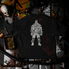 Black shirt with white graphic design on a dark background