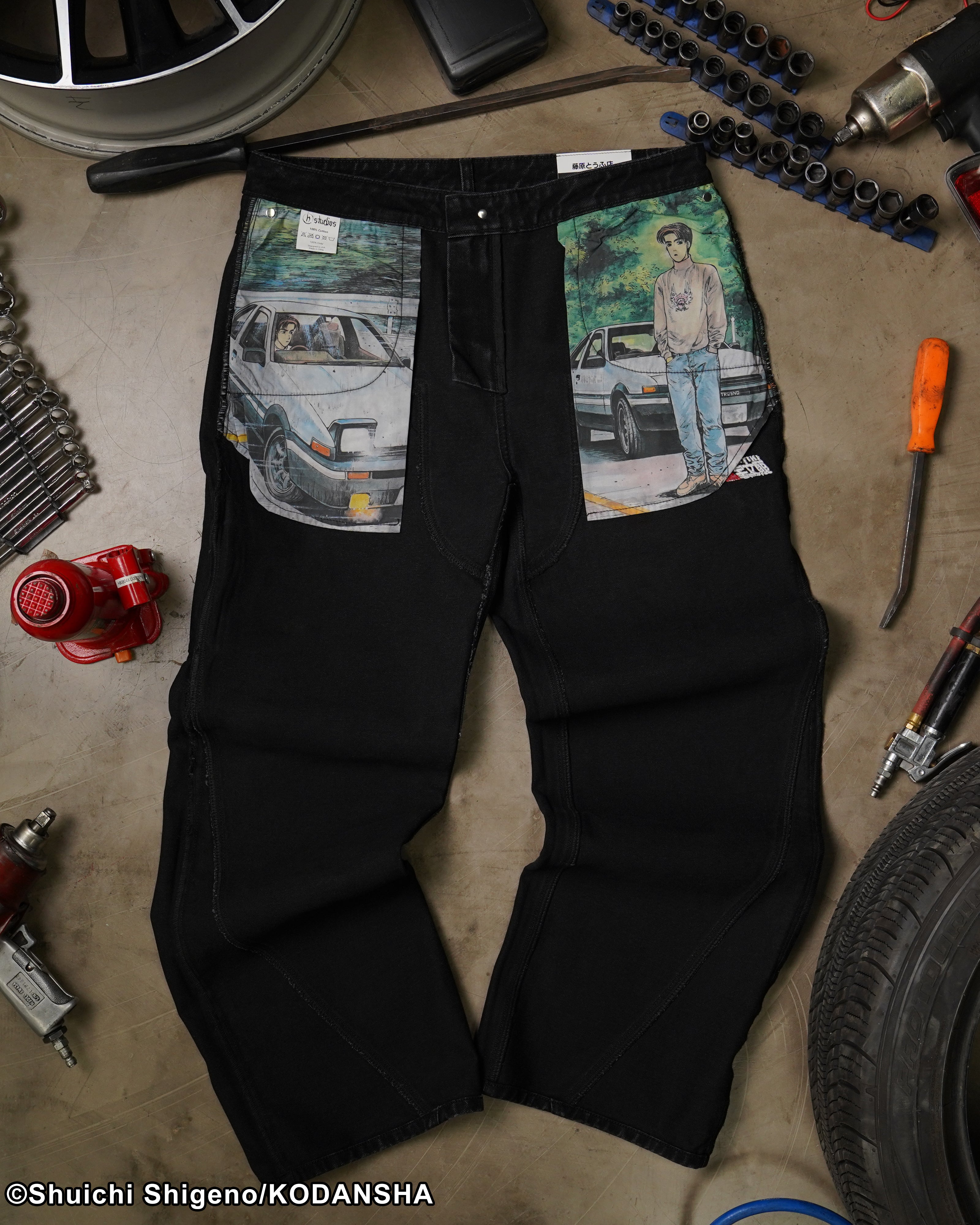Initial D mule ear black denim jeans
