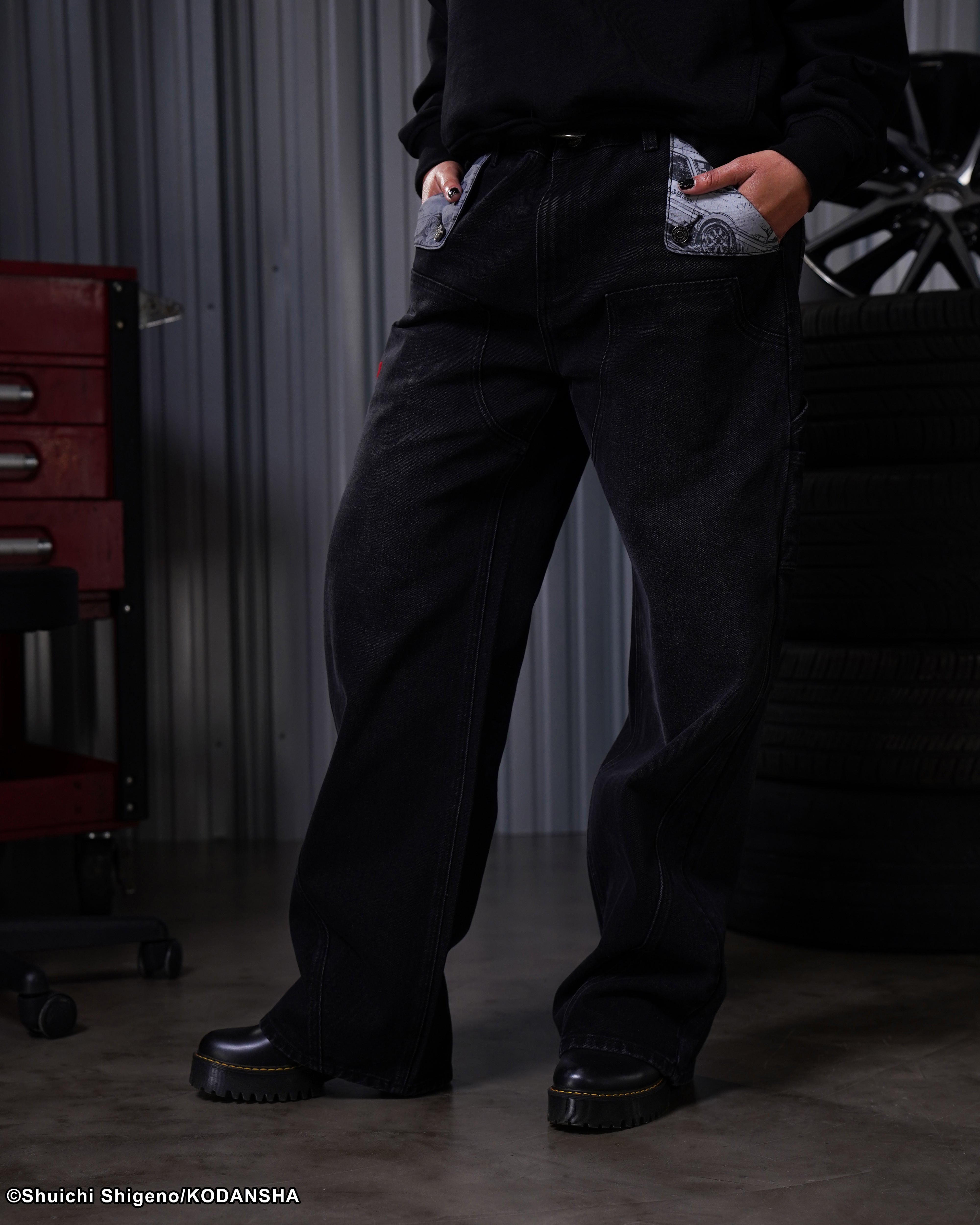 Initial D mule ear black denim jeans