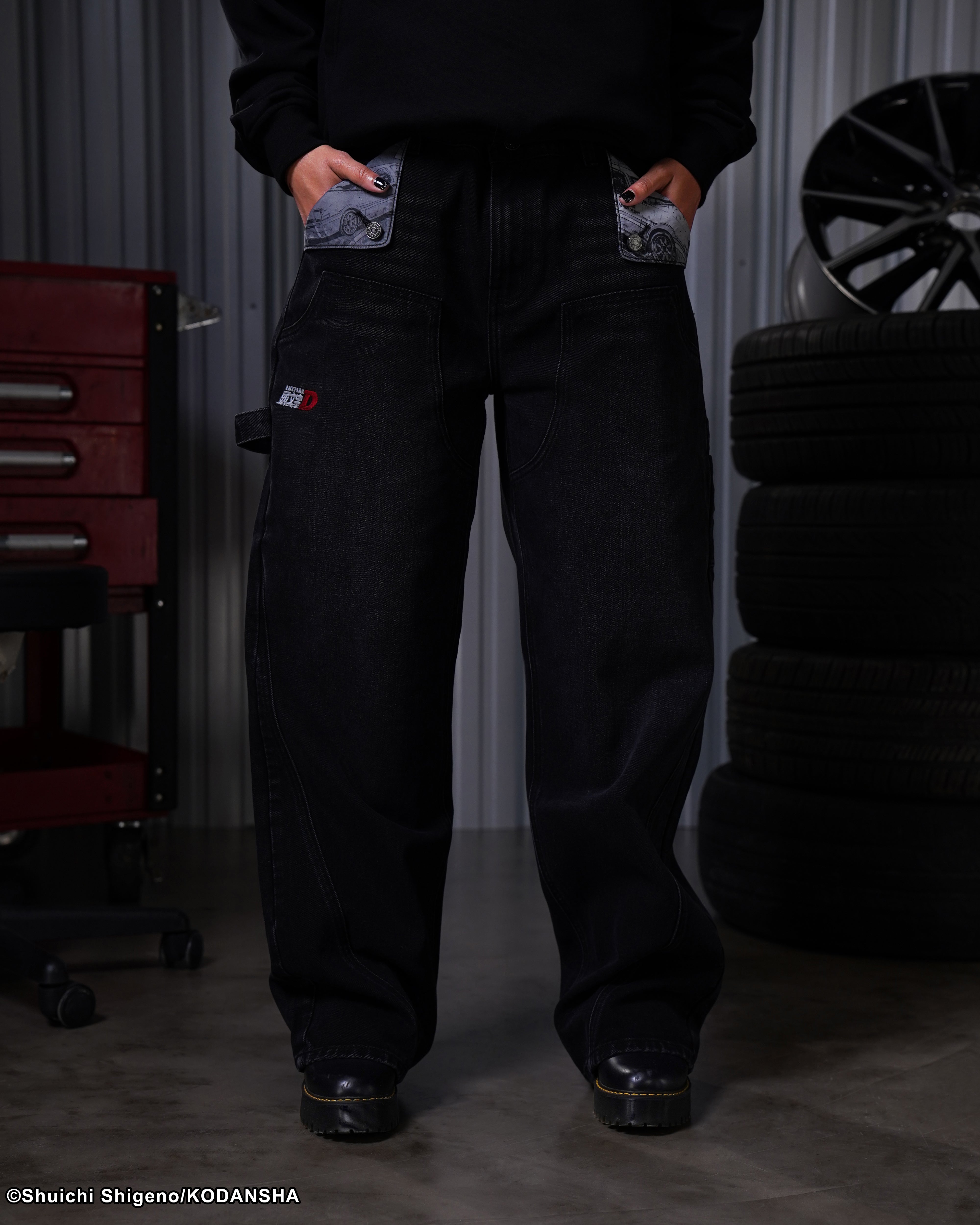 Initial D mule ear black denim jeans