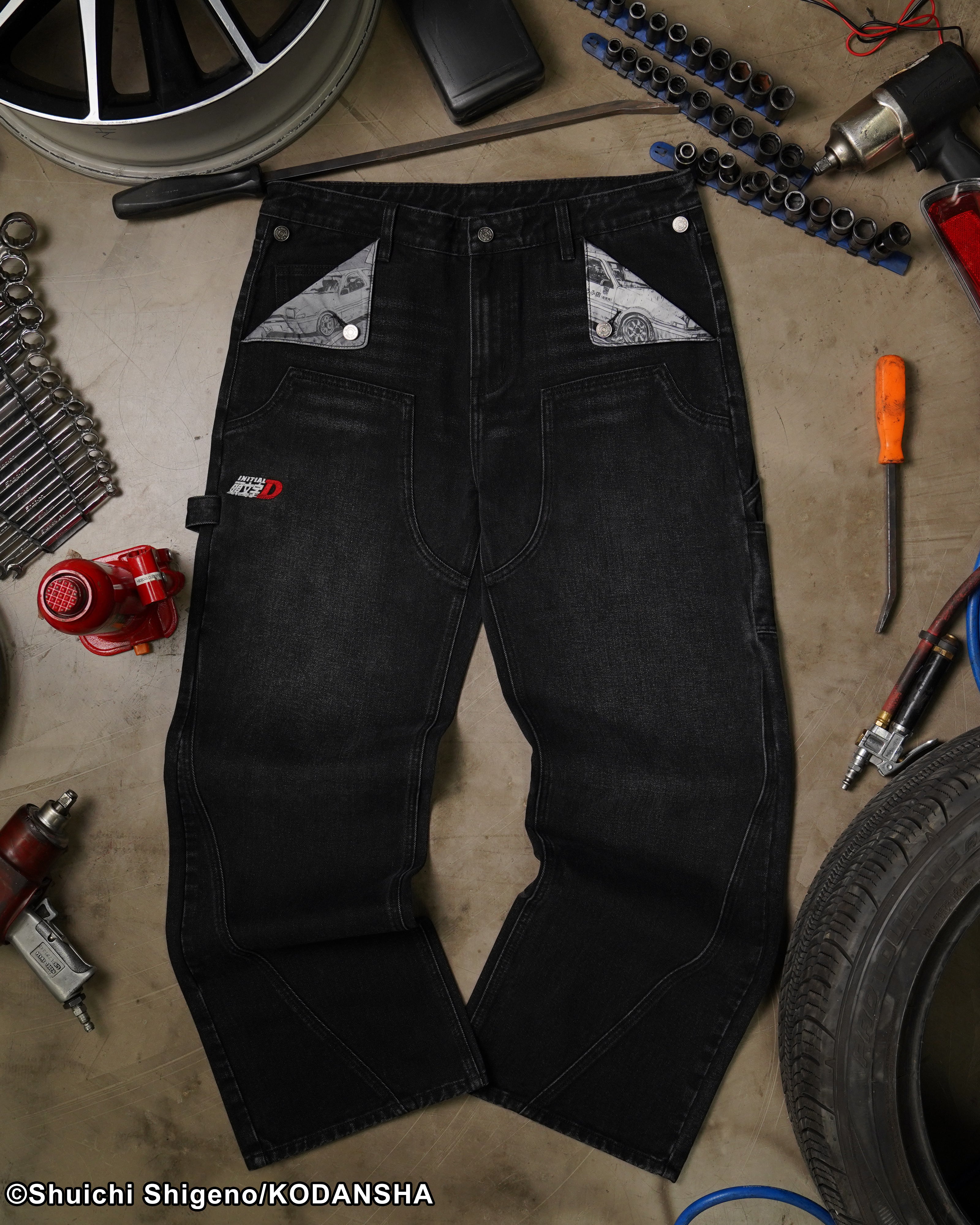Initial D mule ear black denim jeans