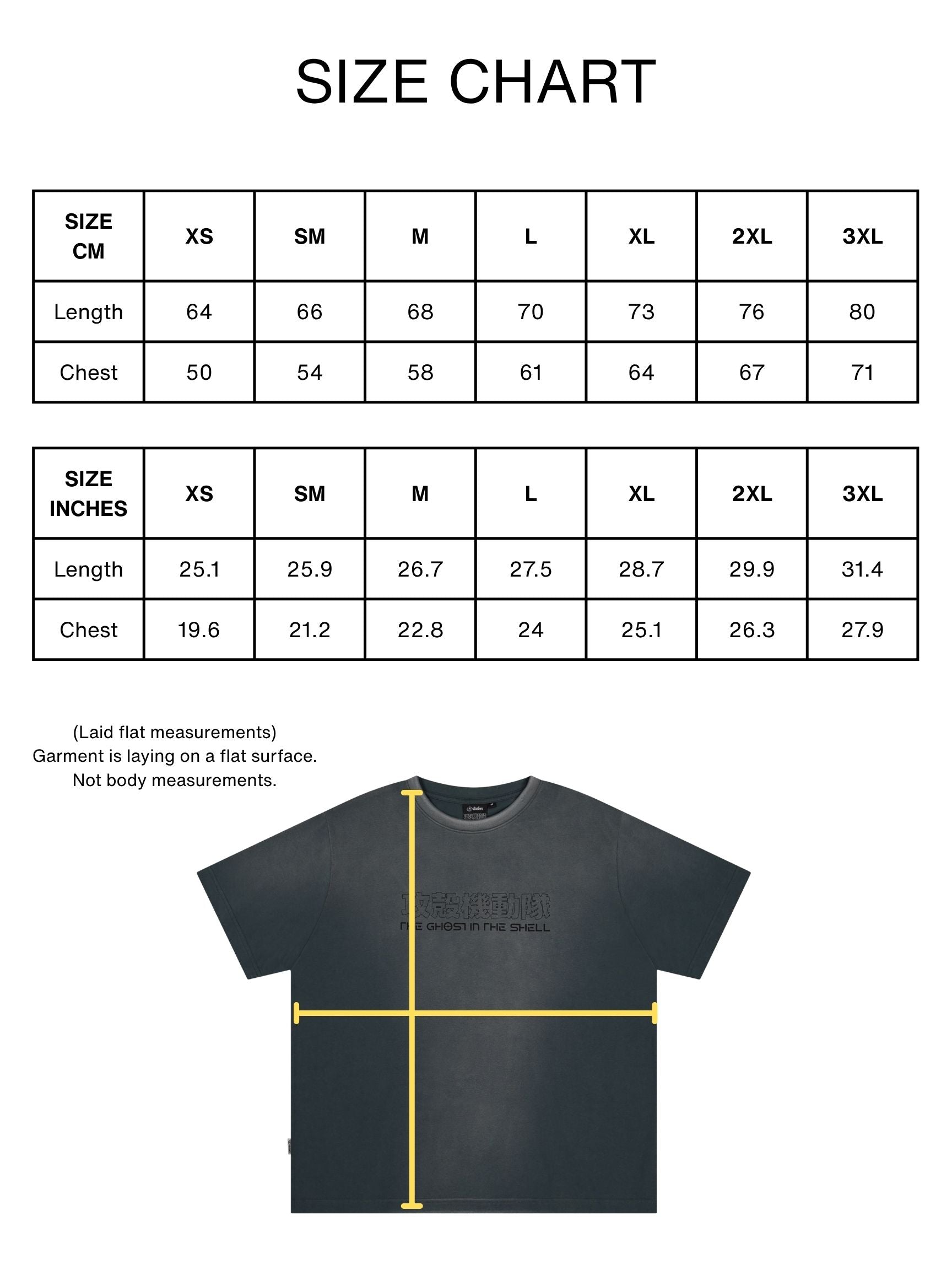 The Ghost in the Shell Motoko Kusanagi character printed tee. Size Chart