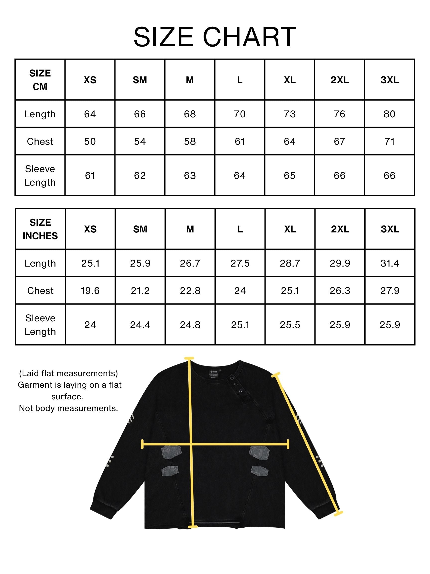 The Ghost in the Shell asymmetrical Henley long sleeve. Size Chart 