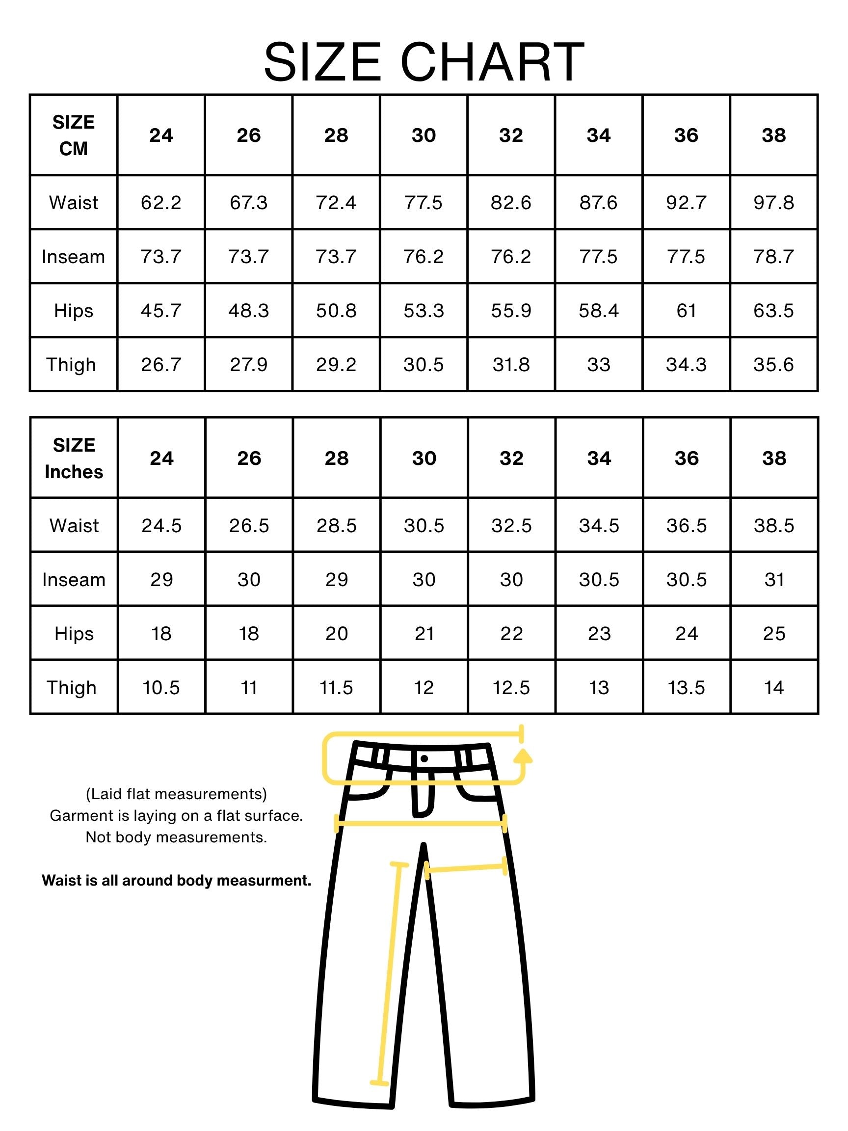 size chart denim jeans 2026