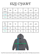 Size chart for a hoodie with measurements in both inches and centimeters.