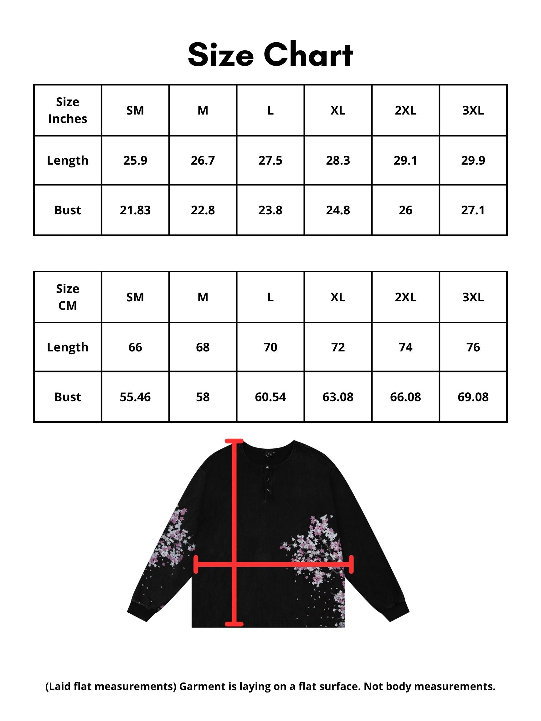 Black Henley long sleeve cotton tee with printed cherry blossom flower. Size Chart. 